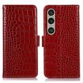 Custodia in Pelle a Portafoglio Serie Crocodile con RFID per Sony Xperia 1 VI - Rossa