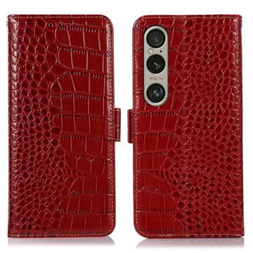 Custodia in Pelle a Portafoglio Serie Crocodile con RFID per Sony Xperia 1 VI - Rossa