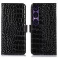 Custodia in Pelle a Portafoglio Serie Crocodile con RFID per Sony Xperia 1 VII - Nera