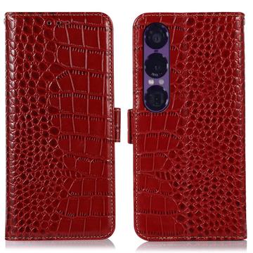 Custodia in Pelle a Portafoglio Serie Crocodile con RFID per Sony Xperia 1 VII - Rossa