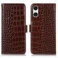 Custodia in Pelle a Portafoglio Serie Crocodile con RFID per Sony Xperia 10 VI - Marrone