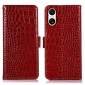 Custodia in Pelle a Portafoglio Serie Crocodile con RFID per Sony Xperia 10 VI - Rossa