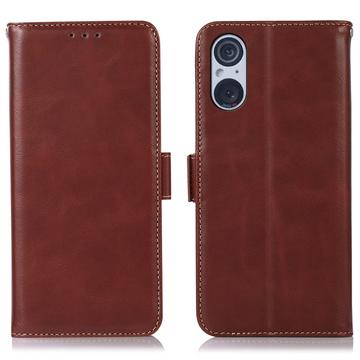 Custodia in pelle a portafoglio per Sony Xperia 5 V con cavalletto - marrone