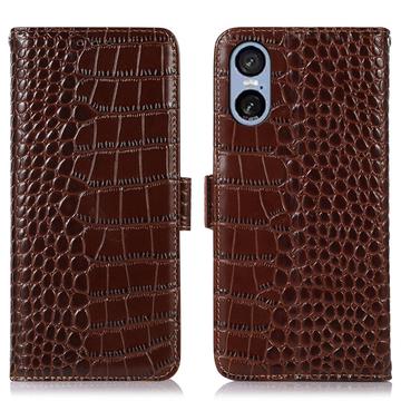 Custodia in Pelle a Portafoglio Serie Crocodile con RFID per Sony Xperia 5 VI - Marrone