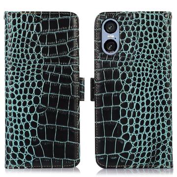 Custodia in Pelle a Portafoglio Serie Crocodile con RFID per Sony Xperia 5 VI - Verde