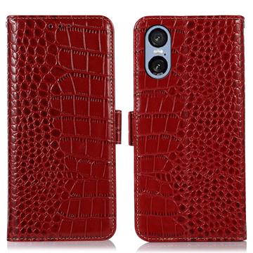 Custodia in Pelle a Portafoglio Serie Crocodile con RFID per Sony Xperia 5 VI - Rossa