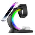 T17 Caricatore wireless magnetico con luce RGB 3 in 1 per iPhone 12 / 13 / 14 / 15 Serie Supporto di ricarica rapida da tavolo compatibile con MagSafe - Nero