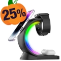 T17 Caricatore wireless magnetico con luce RGB 3 in 1 per iPhone 12 / 13 / 14 / 15 Serie Supporto di ricarica rapida da tavolo compatibile con MagSafe - Nero