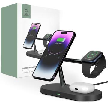 Tech-Protect A12 3-in-1 MagSafe Wireless Charger 15W con lampada LED integrata - Nero