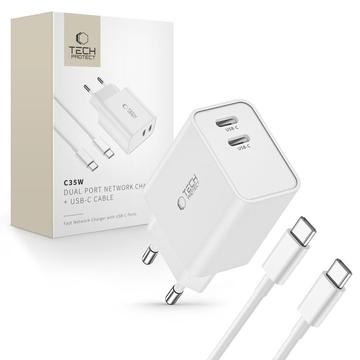 Tech-Protect C35W Caricatore da parete USB-C a doppia porta con cavo USB-C - Bianco