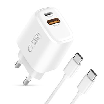 Tech-Protect NCA20 Caricabatterie PD a doppia porta 20W/QC3.0 con cavo USB-C - Bianco