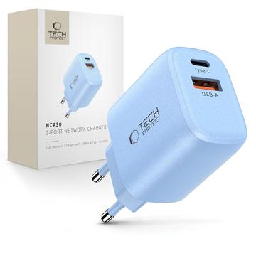Tech-Protect NCA30 Caricabatterie a doppia porta - 30W USB-C PD e 18W USB-A QC3.0 - Blu bambino