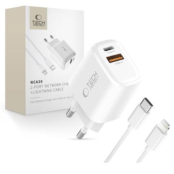 Tech-Protect NCA30 Caricabatterie PD a doppia porta 30W/QC3.0 con cavo Lightning - Bianco