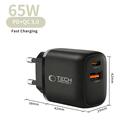Caricabatterie da muro Tech-Protect NCA65W-GAN da 65W con USB-C PD e USB-A QC3.0 - Nero