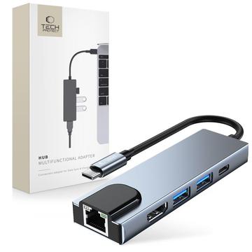 Tech-Protect V3 Hub USB-C 5 in 1 - HDMI, Gigabit-LAN, USB 3.0/2.0, 100W USB-C - Grigio