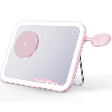 V22 Caricatore wireless MagSafe 3-in-1 con specchio per il trucco a LED, luce notturna - Rosa