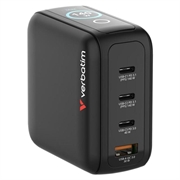 Caricatore da muro mini GaN a 4 porte Verbatim con display - 140W, UE/Regno Unito/Stati Uniti - Nero