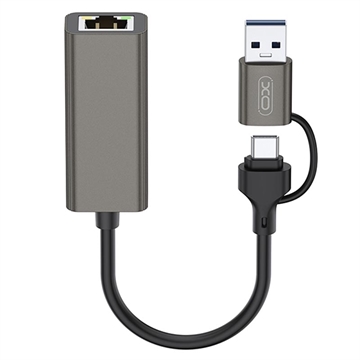 XO HUB018 Adattatore 2-in-1 da USB-C / USB-A a Ethernet - RJ45, 100Mbps - Grigio