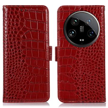 Custodia in Pelle a Portafoglio Serie Crocodile con RFID per Xiaomi 14 Ultra - Rossa