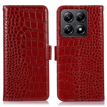 Custodia in Pelle a Portafoglio Serie Crocodile con RFID per Xiaomi 14T - Rossa