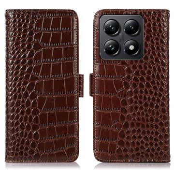 Custodia in Pelle a Portafoglio Serie Crocodile con RFID per Xiaomi 14T Pro - Marrone