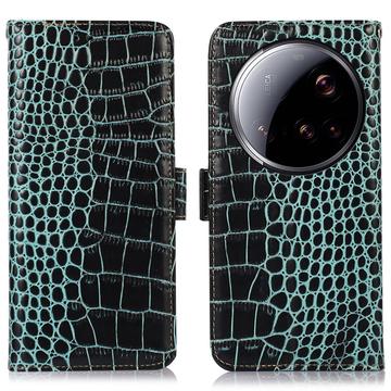 Custodia in Pelle a Portafoglio Serie Crocodile con RFID per Xiaomi 15 Ultra - Verde