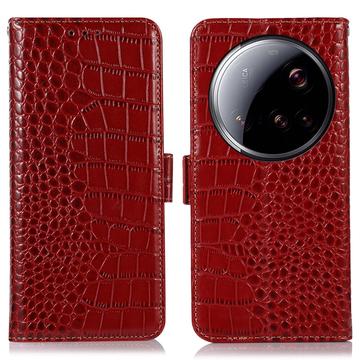 Custodia in Pelle a Portafoglio Serie Crocodile con RFID per Xiaomi 15 Ultra - Rossa