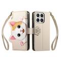 Custodia a portafoglio Xiaomi 17 con motivo gattini, porta carte, tasca con cerniera e cinturino da polso - Colore kaki