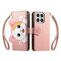 Custodia a portafoglio Xiaomi 17 con gattino, porta carte, tasca con cerniera e cinturino da polso - Rosa