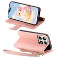 Custodia a portafoglio Xiaomi 17 con gattino, porta carte, tasca con cerniera e cinturino da polso - Rosa