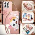 Custodia a portafoglio Xiaomi 17 con gattino, porta carte, tasca con cerniera e cinturino da polso - Rosa