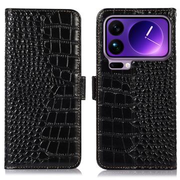 Custodia in Pelle a Portafoglio Serie Crocodile con RFID per Xiaomi 17 Pro Max - Nera