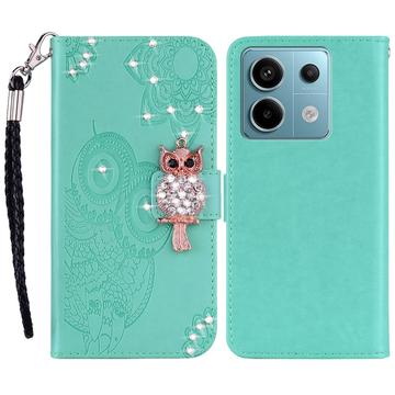 Xiaomi Redmi Note 13 Custodia portafoglio con strass gufo - Ciano
