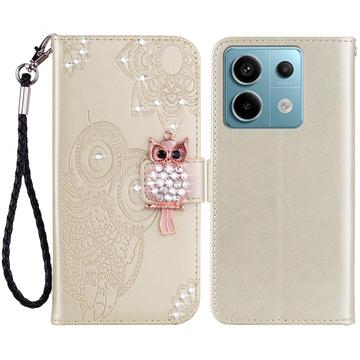 Xiaomi Redmi Note 13 Custodia portafoglio con strass gufo - Oro