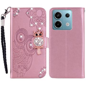 Xiaomi Redmi Note 13 Custodia portafoglio con strass gufo - Rosa Oro