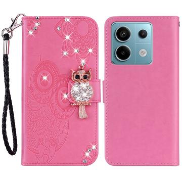 Xiaomi Redmi Note 13 Pro/Poco X6 Custodia portafoglio con strass gufo - Rosa Neon