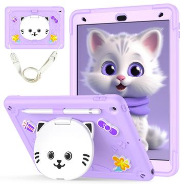 Custodia ibrida con base di appoggio per iPad 10.2 2019/2020/2021 Gatto carino - viola chiaro