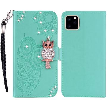 iPhone 14 Custodia portafoglio con strass gufo - Ciano