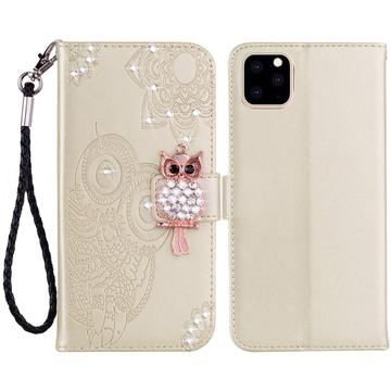 iPhone 14 Custodia portafoglio con strass gufo - Oro