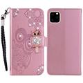iPhone 14 Pro Custodia portafoglio con strass gufo - Oro rosa
