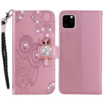 iPhone 14 Pro Custodia portafoglio con strass gufo - Oro rosa