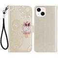 iPhone 15 Custodia portafoglio con strass gufo - Oro