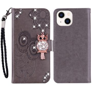 iPhone 15 Custodia portafoglio con strass gufo - Grigio