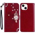 Custodia per portafoglio iPhone 15 con strass di gufo - Rosso