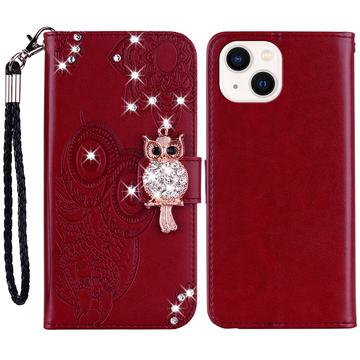 Custodia per portafoglio iPhone 15 con strass di gufo - Rosso