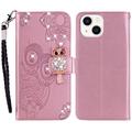 iPhone 15 Custodia portafoglio con strass gufo - Oro rosa