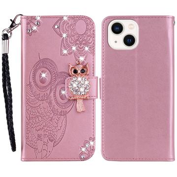 iPhone 15 Custodia portafoglio con strass gufo - Oro rosa