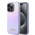 Custodia ibrida per iPhone 15 Pro Guess Iridescent Metal Script - Viola