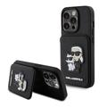 Custodia per iPhone 15 Pro Karl Lagerfeld Saffiano Card Slot Stand Karl & Choupette - Nero