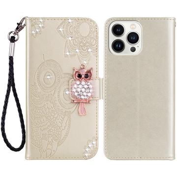 iPhone 15 Pro Max Custodia portafoglio con strass gufo